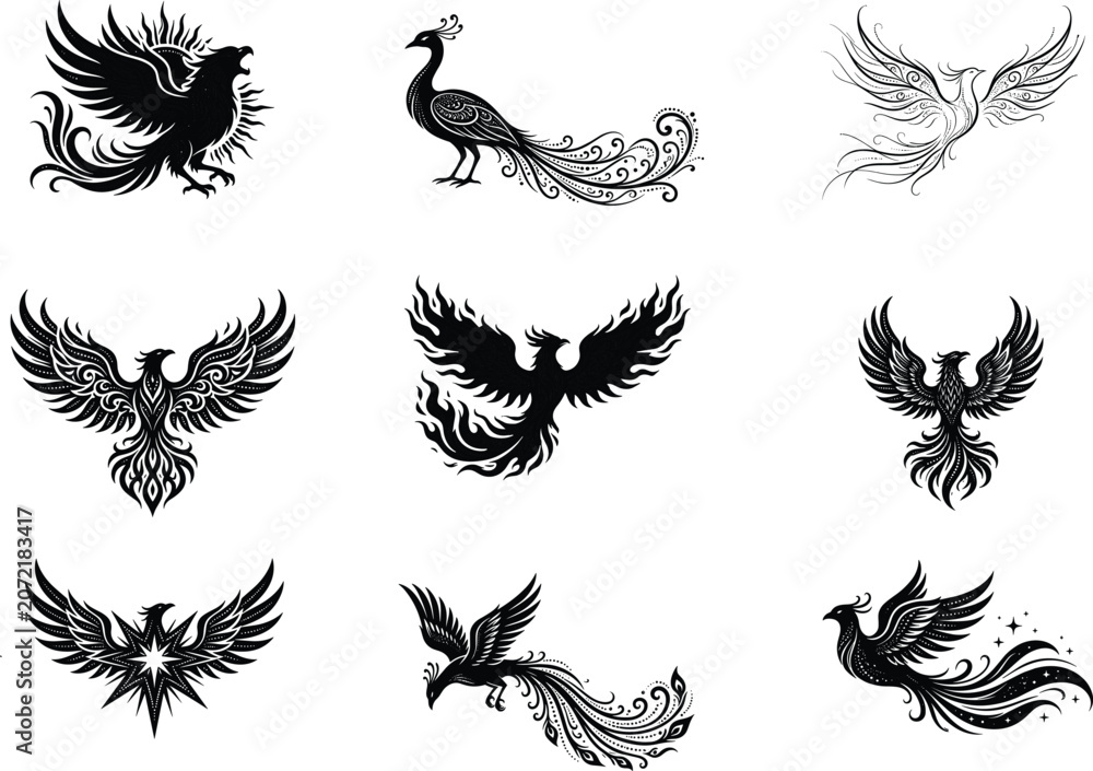 Obraz premium Collection of ornate black phoenix, peacock, and mythical bird silhouettes on white background,