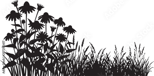 Obraz na płótnie Black silhouette meadow landscape with wildflowers and field grass