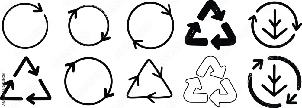 Fototapeta premium Set of Hand Drawn Circular Arrows and Recycling Symbols on White Background Keywords: recycle, refresh, circular, arrow, symbol, icon, loop, repeat, reuse, triangle
