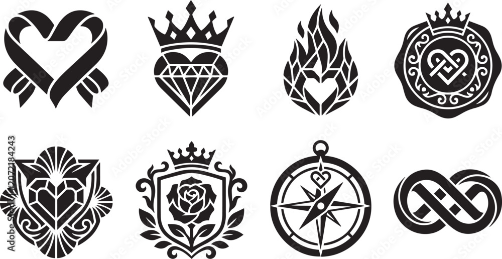 Obraz premium Luxury Heart and Emblem Icon Set: Crowns, Roses, and Compass Symbols