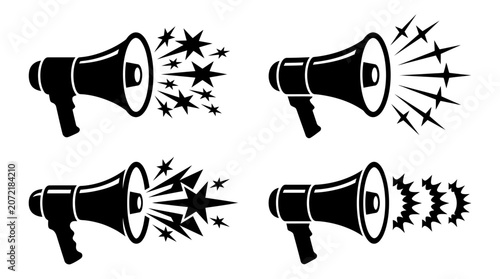 Obraz na plátně Illustration of megaphones producing various sound effects in a creative graphic
