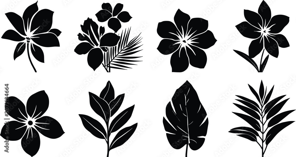 Obraz premium Collection of tropical flower silhouettes and exotic palm leaf botanical design elements isolated on a white background