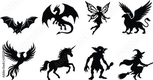 Εκτύπωση καμβά Mythical creatures and fantasy silhouettes collection featuring bat dragon fairy