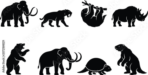 Cuadro en lienzo Prehistoric ice age megafauna animal silhouettes set featuring woolly mammoth sa
