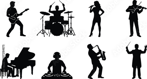 Tableau sur toile Set of black musician silhouettes featuring guitarist drummer singer violinist p