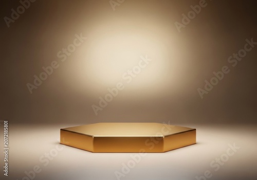 Empty golden hexagonal podium stands centered against a warm spotlighted background.