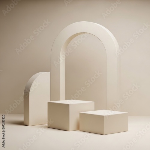 Minimalist display stage with geometric shapes and arches in neutral beige tones.