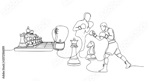 Obraz na plátne Boxing vs Chess Strategy: Continuous Line Art of Conflict and Tactics