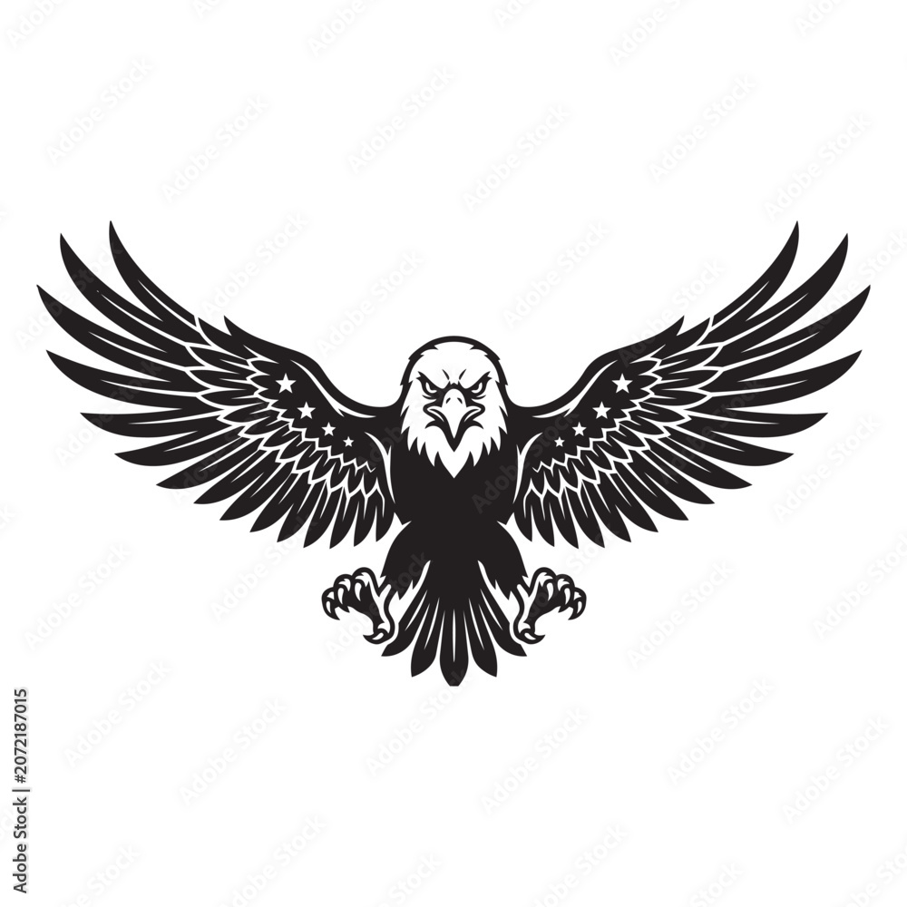 Fototapeta premium Black and white eagle bird flying with open wings and stars on feathers vector design.