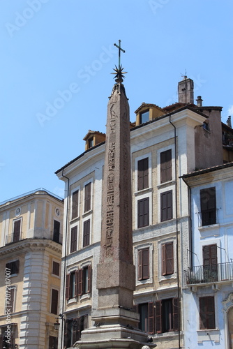 ROME, ITALY - JUNE 5, 2016: Pantheon obelisk against clear blue sky in Piazza della Rotonda