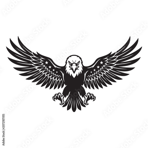 Black and white eagle bird flying with open wings and stars on feathers vector design.