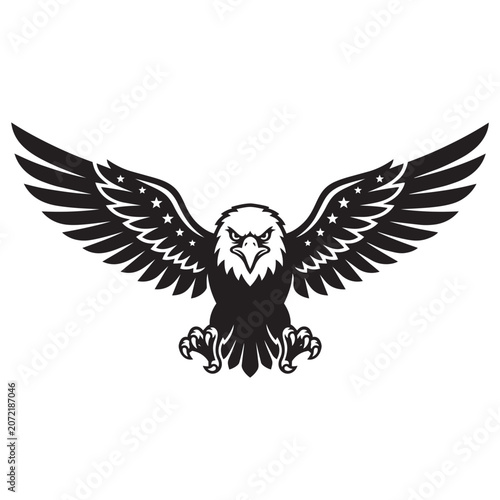 Black and white bald eagle flying with wings spread and stars design vector design