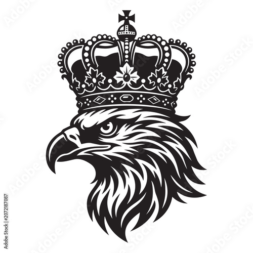 Black and white eagle head mascot wearing a royal crown vector illustration 