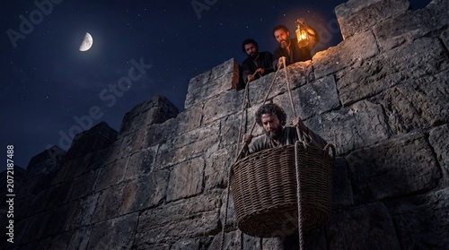 Apostle Paul escaping from Damascus at night being lowered down ancient stone city walls in a woven basket by disciples holding a lit lantern under a crescent moon