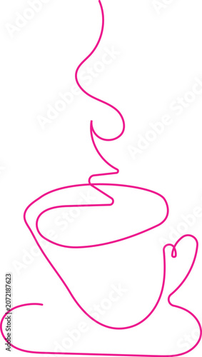 Minimalist pink continuous line drawing of a hot coffee cup