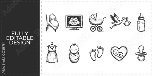 Cuadro en lienzo Pregnancy and maternity hand drawn icons set with baby stroller nursing bottle a