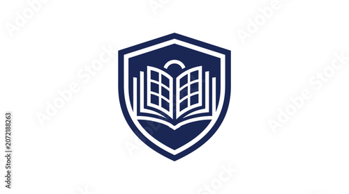 Shield emblem with open book symbol design.