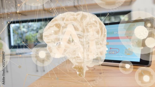 Tablet emitting signal 3D brain holo rising above counter, rotating nodes pulsing, showing AI panel