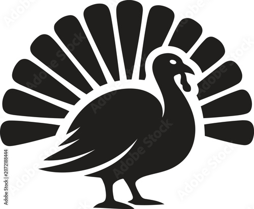Thanksgiving Turkey Silhouette Vector Icon with Fan Tail for Autumn Harvest Design