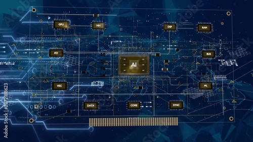 Glowing traces starting gold AI chip growing, modules snapping to PCB, pulses forming AI schematic