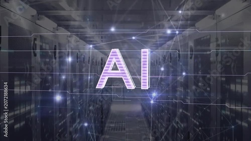 Centered stylized AI letters on node pulse, glowing and sending circuit traces showing flow