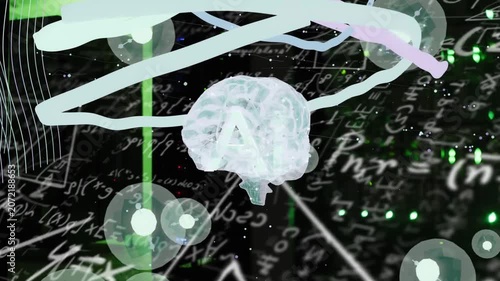 Green beam activating, clear brain marked AI rotating, pulsing, ribbon looping, visualizing network