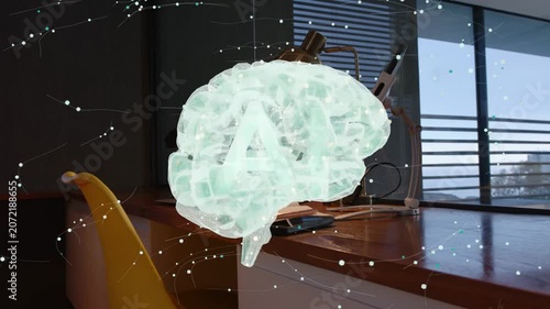 3D brain emerging near cam, rotating, showing letter A, pulsing network showing activity above desk