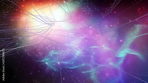 Orange core pulsing, pulling tendrils outward while nebula and teal waves rippling, creating flow