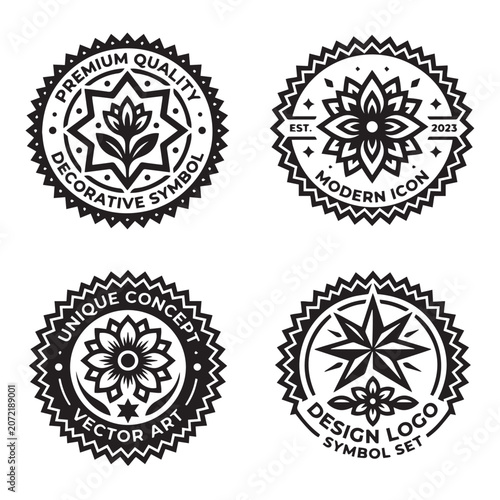 Black decorative symbols, modern icons, premium quality labels, unique vector art logos