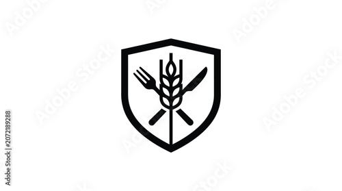 Shield emblem with wheat and crossed utensils design.
