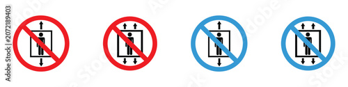 Do not use elevator in case of emergency safety sign set. Vector illustration of realistic building prohibited lift danger symbol, red and blue circle fire prevention icon on white background.