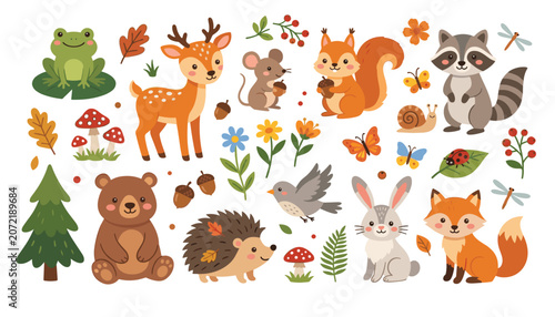 Photos Cute woodland animals clipart set with bear fox deer squirrel rabbit raccoon hed