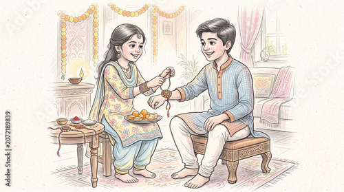 Hand Drawn Pencil Sketch of Brother and Sister Celebrating Raksha Bandhan Traditional Indian Festival Illustration
