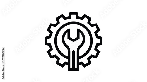 Black gear and wrench icon for industry and repair.