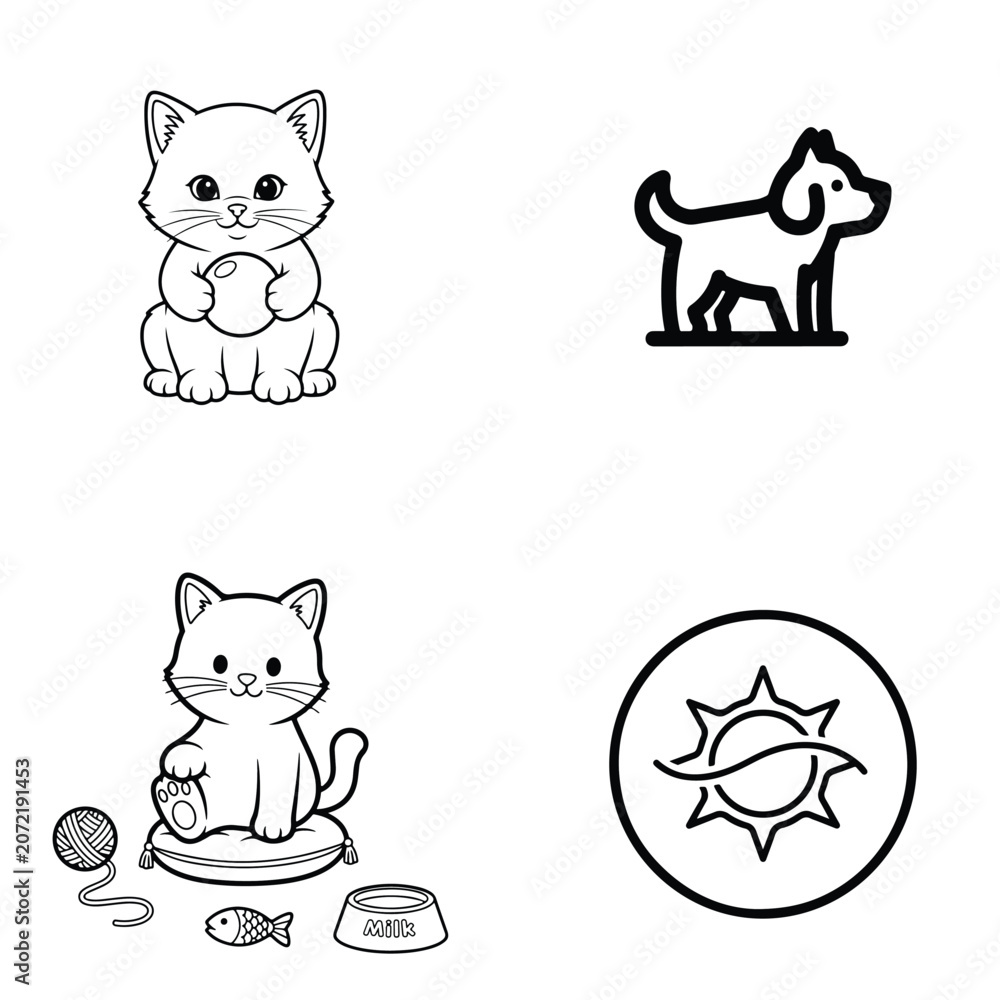 Obraz premium Kitten playing with ball of yarn and sun icon set illustration domestic activity lifestyle