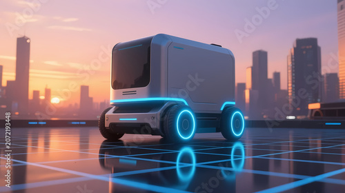 Futuristic white delivery robot in sunset city