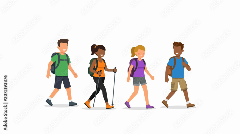 Fototapeta premium Diverse group of friends hiking together on a white background, enjoying outdoor activity and adventure