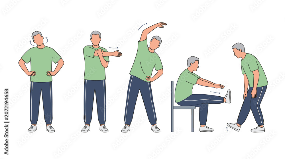Obraz premium Senior Man Performing Various Stretching Exercises for Flexibility and Mobility in a Sequence of Illustrations