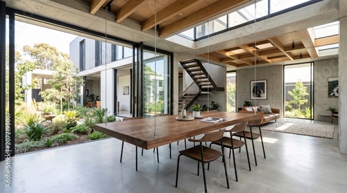 Modern open plan dining room with concrete walls and hanging wooden table