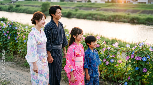 朝顔が咲く川沿いの道を歩く浴衣を着た笑顔の家族