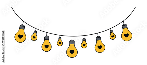 Fotografi A string of yellow light bulbs with black hearts inside, illuminated and hung in