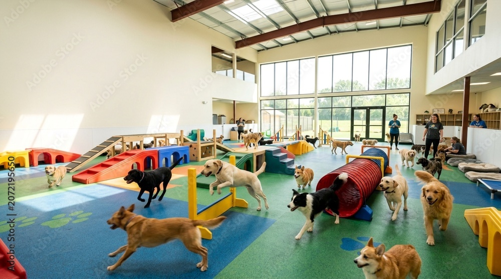 Fototapeta premium Active dogs playing and training in a bright, modern indoor doggy daycare facility
