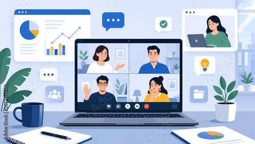 Remote team having virtual video conference meeting on laptop screen with multiple colleagues connecting online for collaboration during professional digital work discussion.