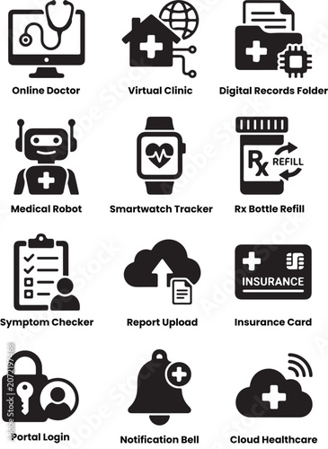 Set of black medical digital healthcare icons for telemedicine and remote health services