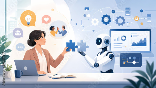 Businesswoman and robot collaborate, exchanging puzzle pieces, illustrating concept of AI integration and human-machine partnership in modern workplace with data visualization.