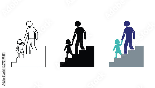 Tableau sur toile Father helping young daughter climb stairs vector icon set showing parental supp