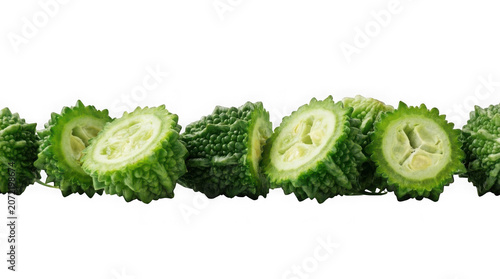 Bitter melon slices arranged in a row isolated on transparent background