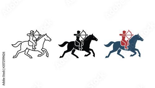 Obraz na plátně Mounted archer riding horse vector icon set featuring medieval combat in line ar
