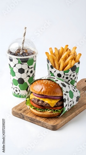 Fast food burger meal with fries and drink in soccer themed packaging cheeseburger football packaging delicious culinary appetizer
