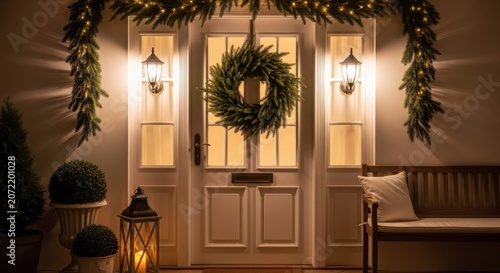 Decorated christmas house entrance with wreath garland and outdoor lanterns